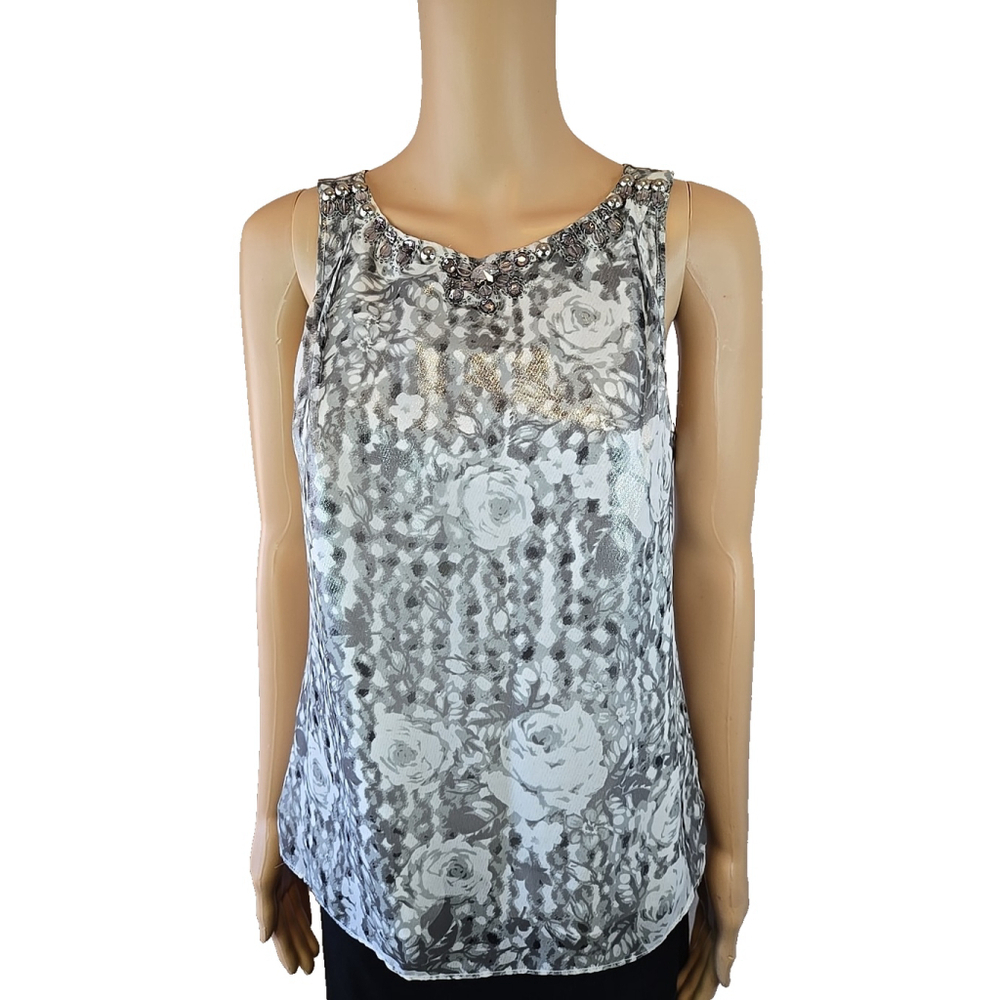 eci New York Women's Silver Metallic Sleeveless Embellished Collar Top Size 4